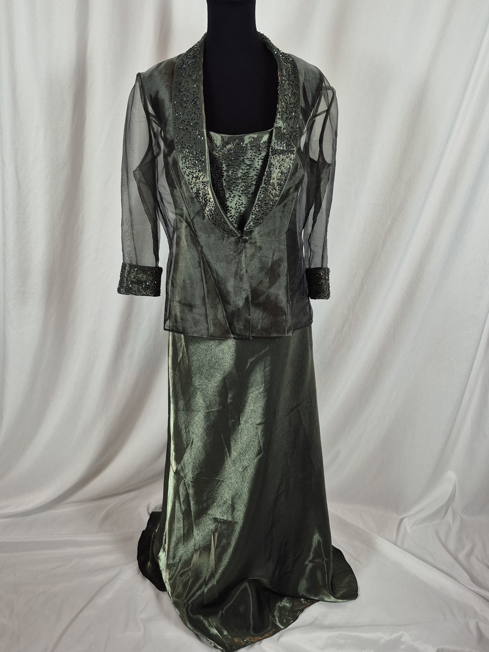 Alex Evenings Y2K Metallic Green Satin Gown w/ Matching Jacket - Vtg 14 / Mod 10